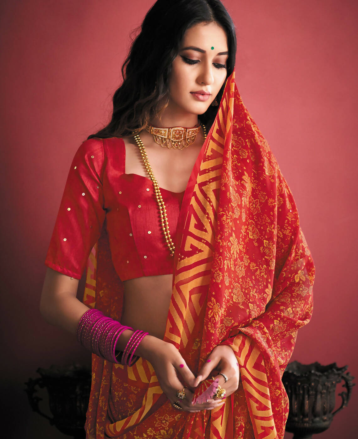Red Georgette Brasso Floral Printed Saree With Unstitched Blouse Piece - Zyanya - Distacart