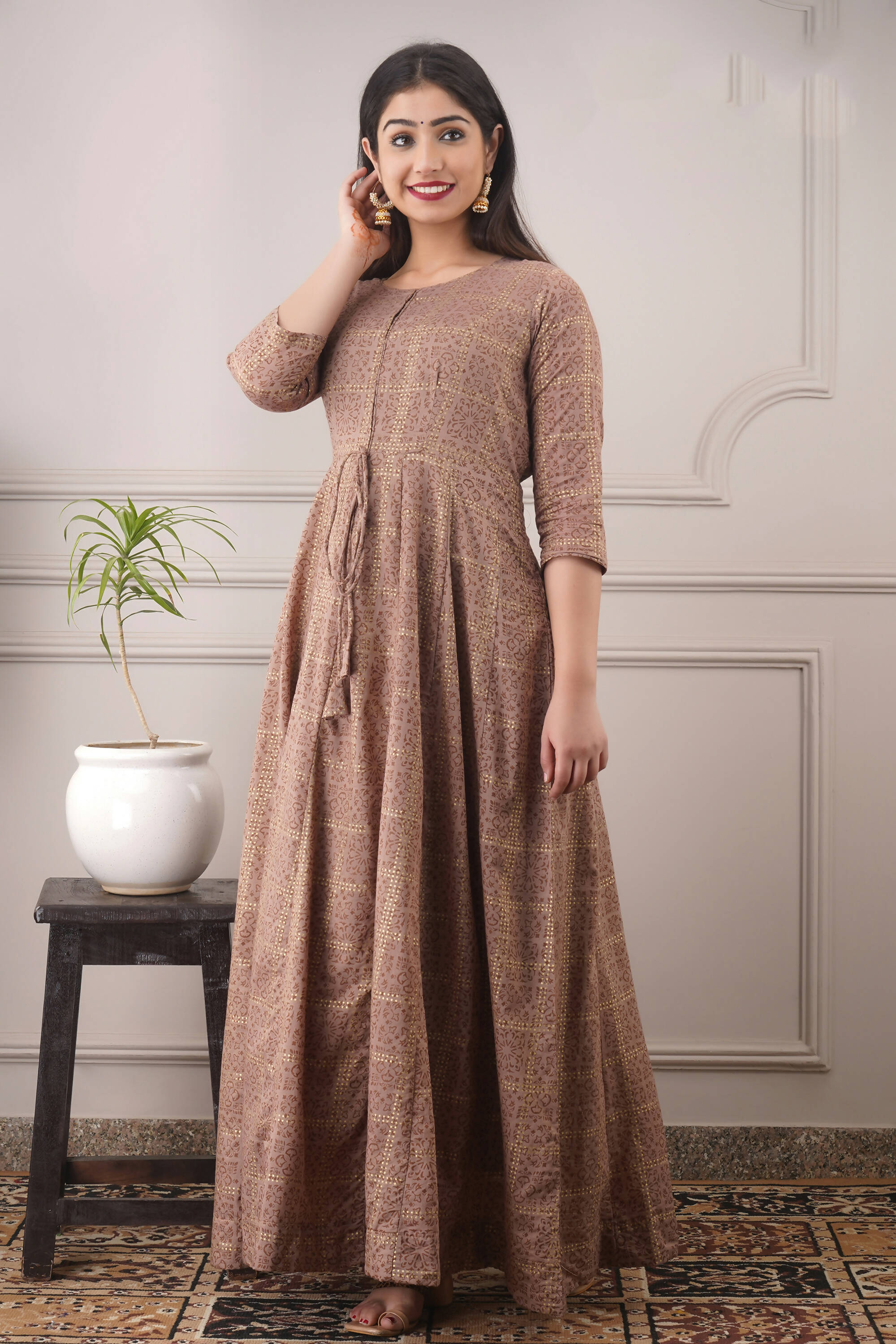 Partywear Designer Hand Screen and Foil Print Lightbrown Pure chanderi Gown - Anbazaar - Distacart