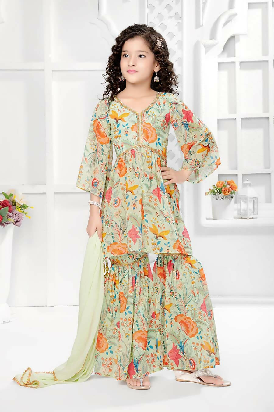 Kids Functional Designer Pista Green Digital Flower Print On Georgette Shrara Suit - Aaradhna - Distacart