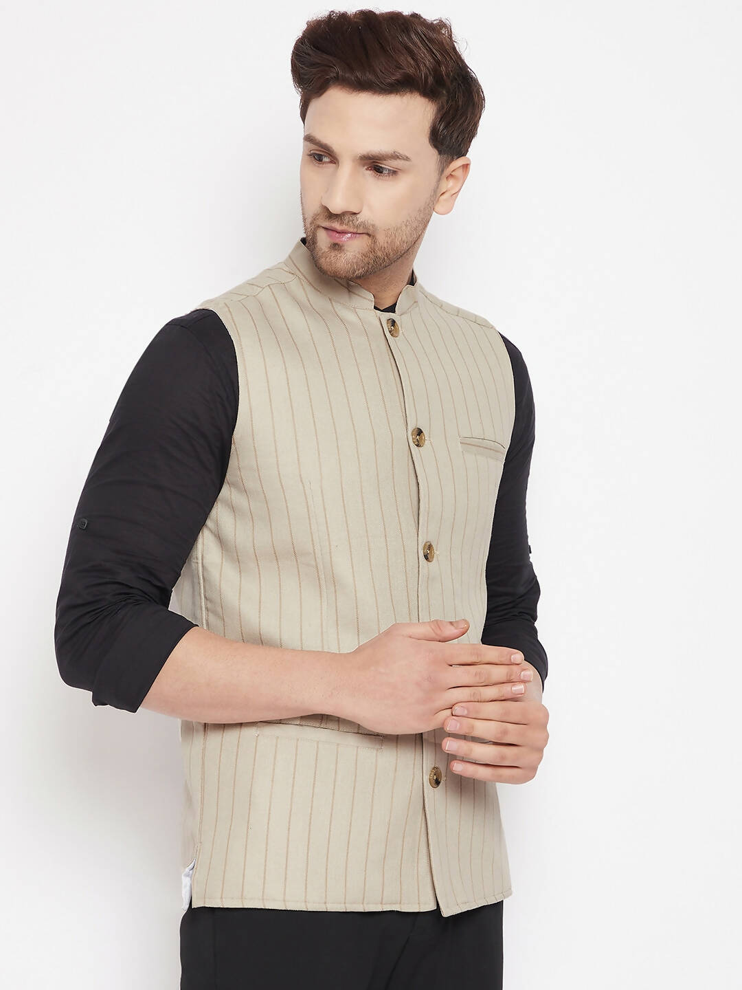 Even Apparels Beige Linen Blend Men Woven Nehru Jacket - Distacart
