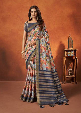 Grey Rangkat and Crepe Silk Abstract Saree With Unstitched Blouse Piece - Mohmanthan Royal Saachi - Distacart
