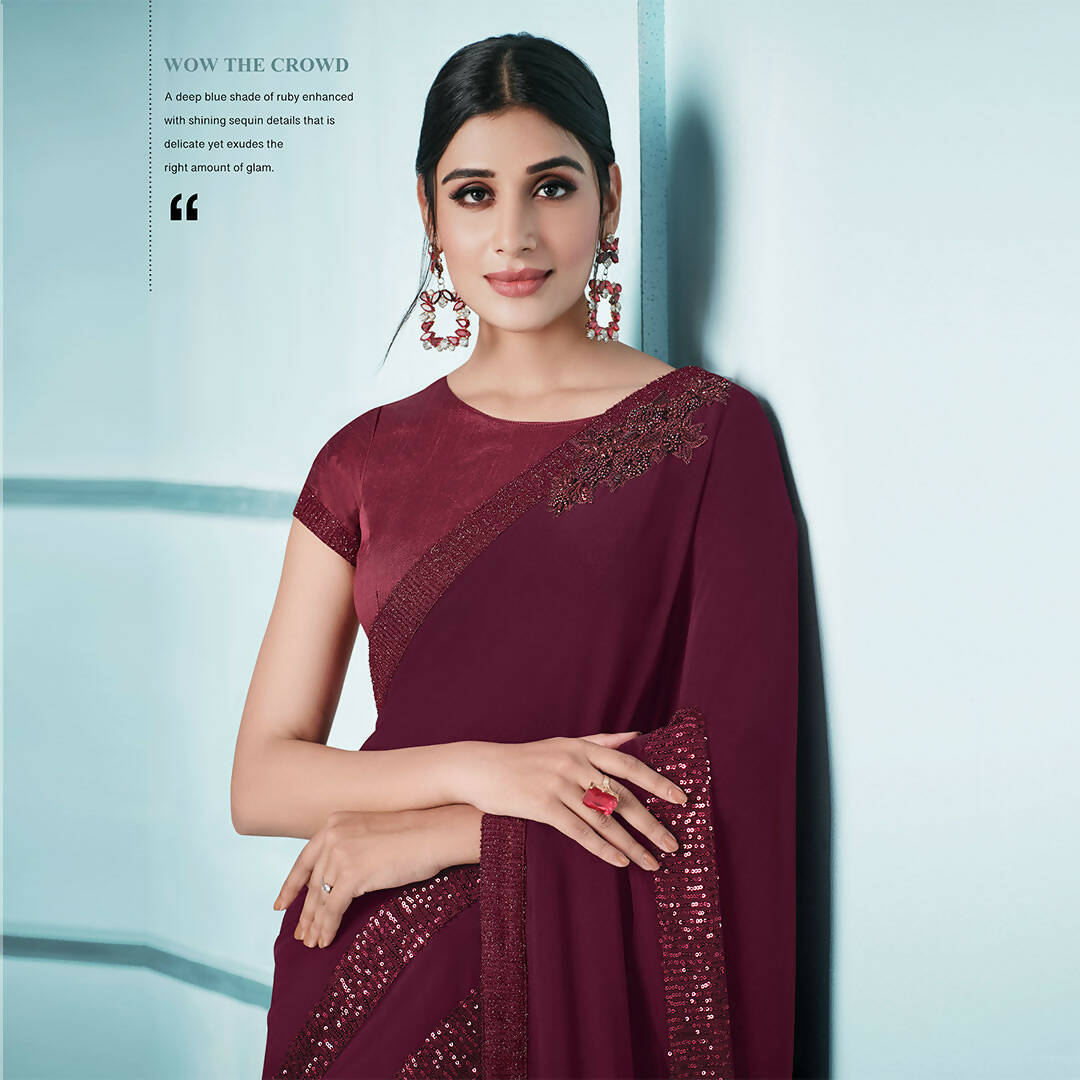 Maroon Lycra sequence Saree with Unstitched Blouse Piece - Norita Elaura - Distacart