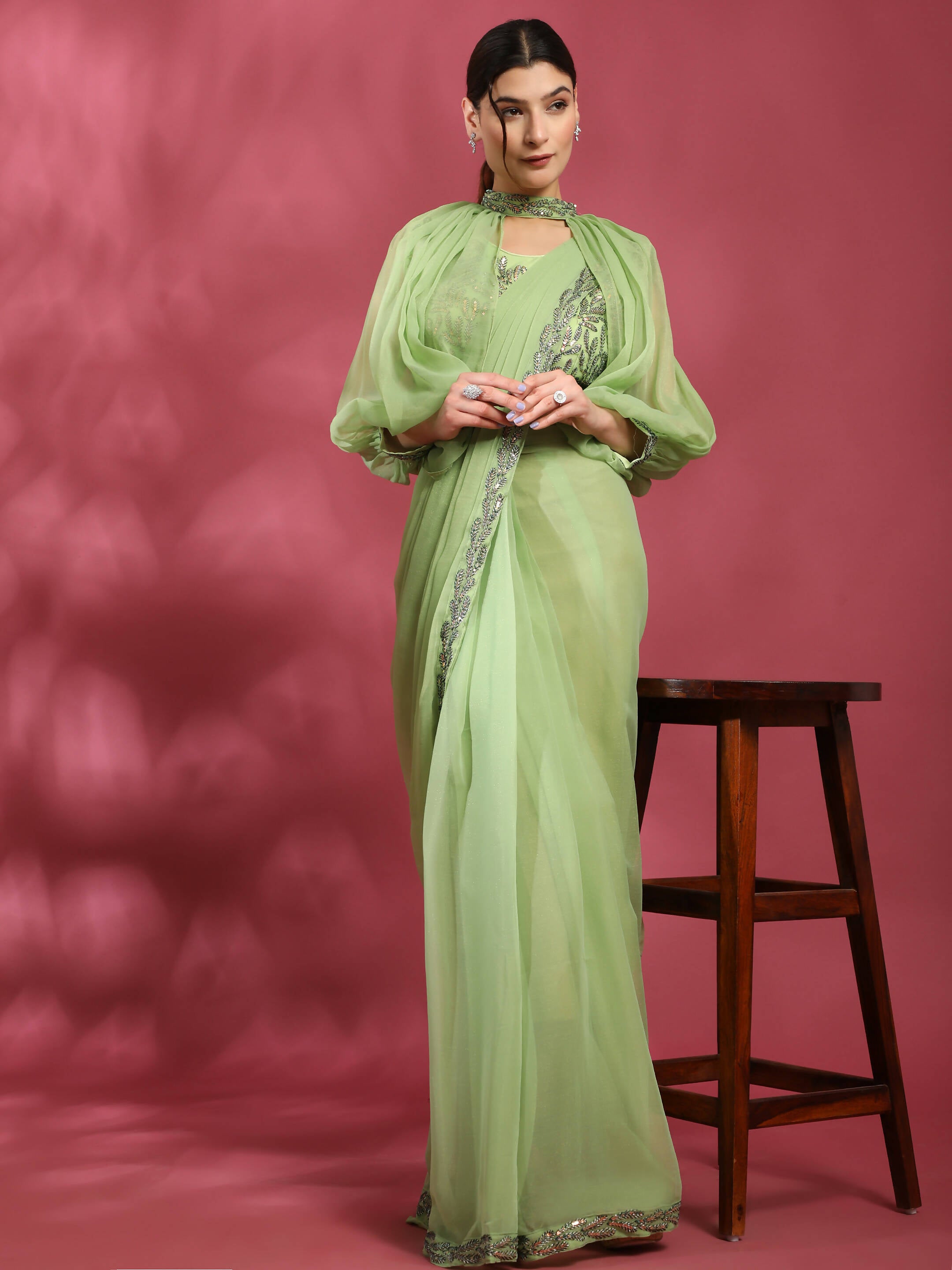 Green Fancy Pure Fabric Plain Ready to wear Saree with stitched Blouse - Vrinda - Distacart