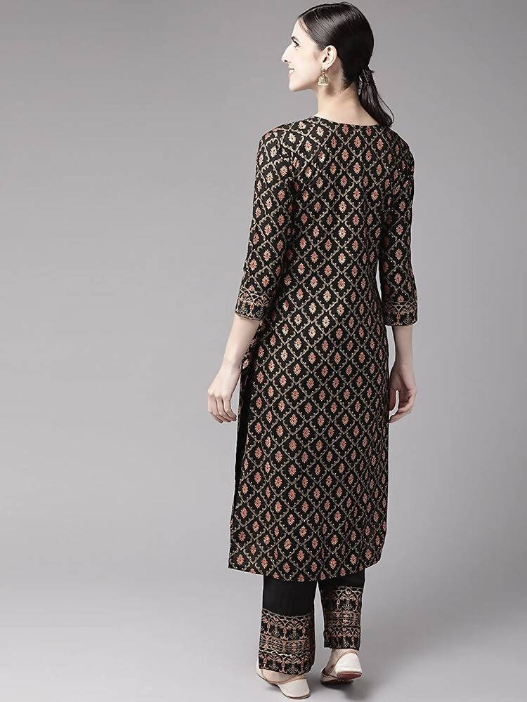 Yufta Women Black & Golden Handblock Printed Kurta with Trouser