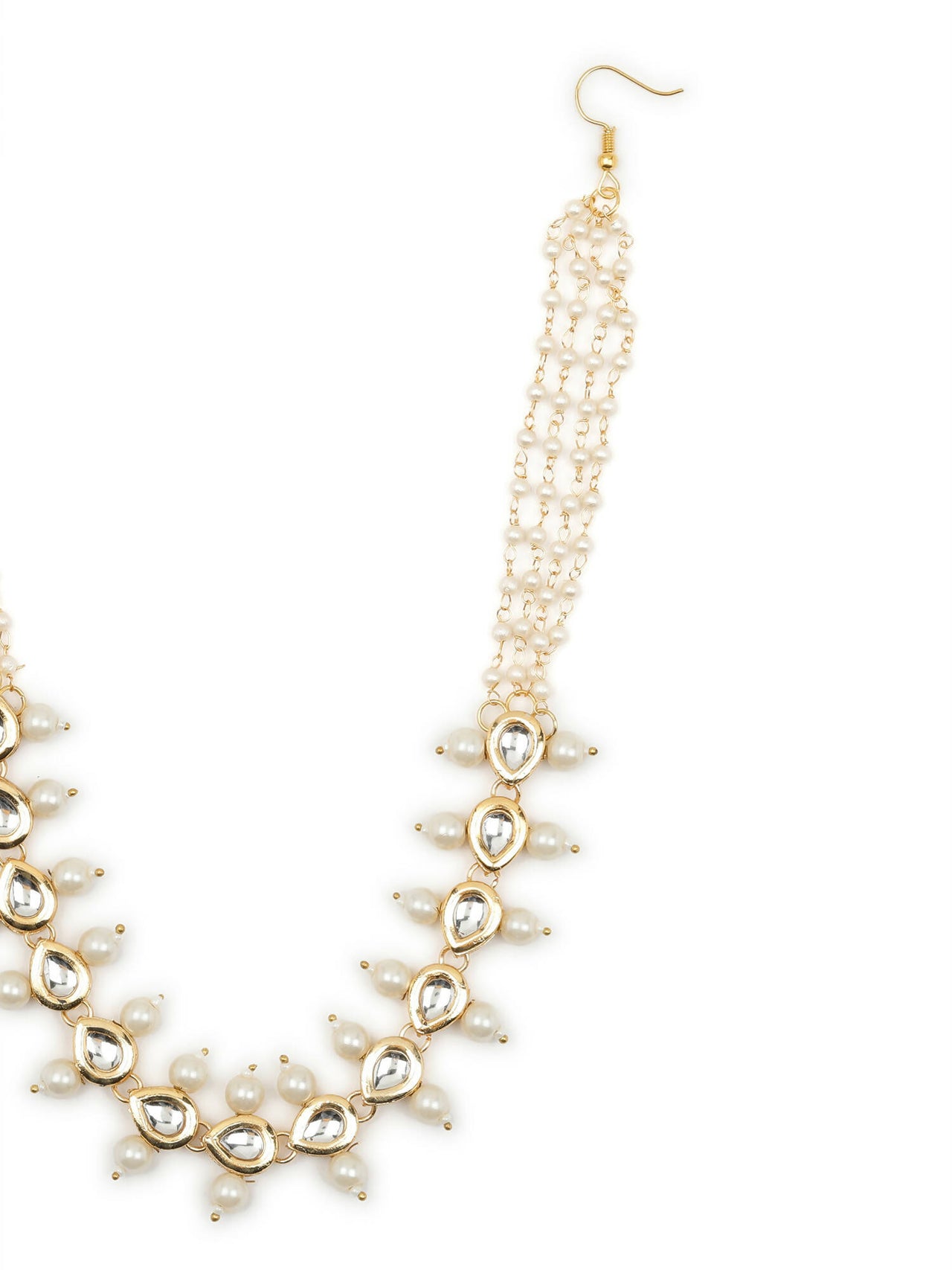 Gold-Plated White Kundan-Studded Pearl Beaded Hair Band - Ruby Raang - Distacart