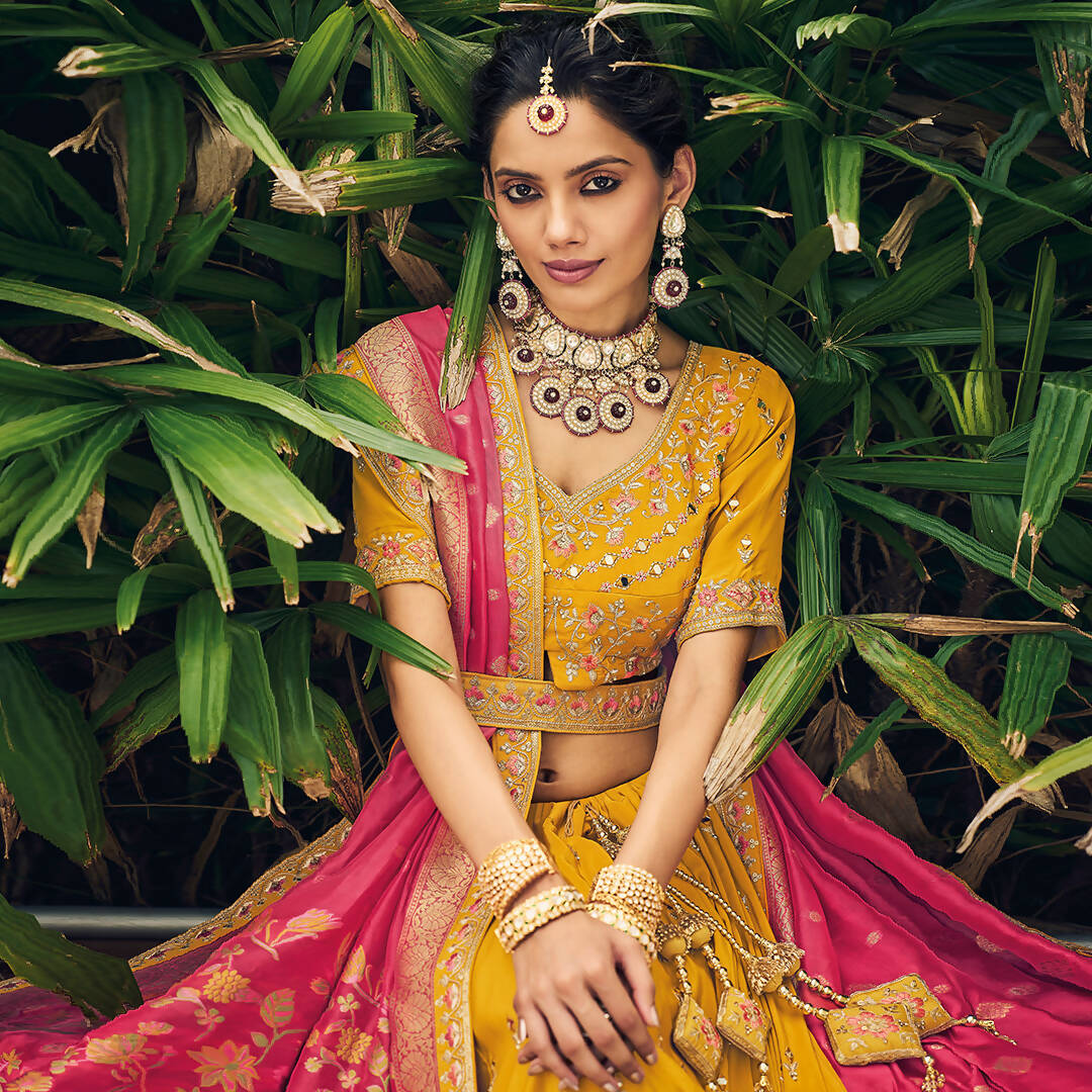 Yellow Heavy Viscose Khatli, Embroidery & Mirror Work Unstitched Lehenga Choli - Sisha Keshav - Distacart