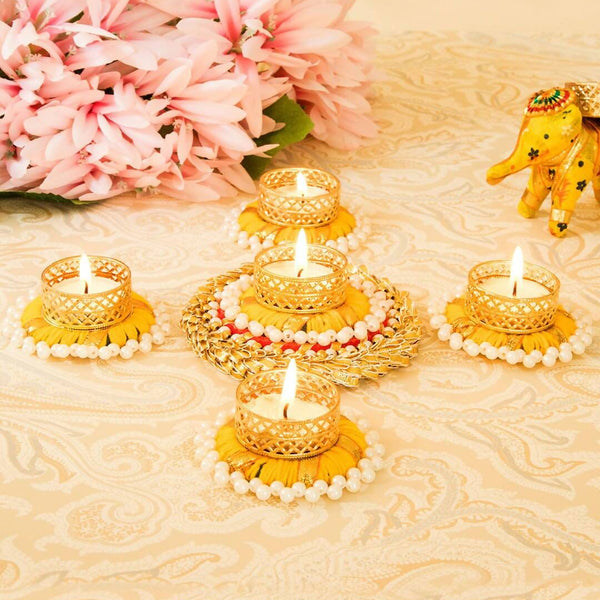 Tied Ribbons Set Of 5 Golden Diwali Dcoration Tealight Candle Holder - Distacart
