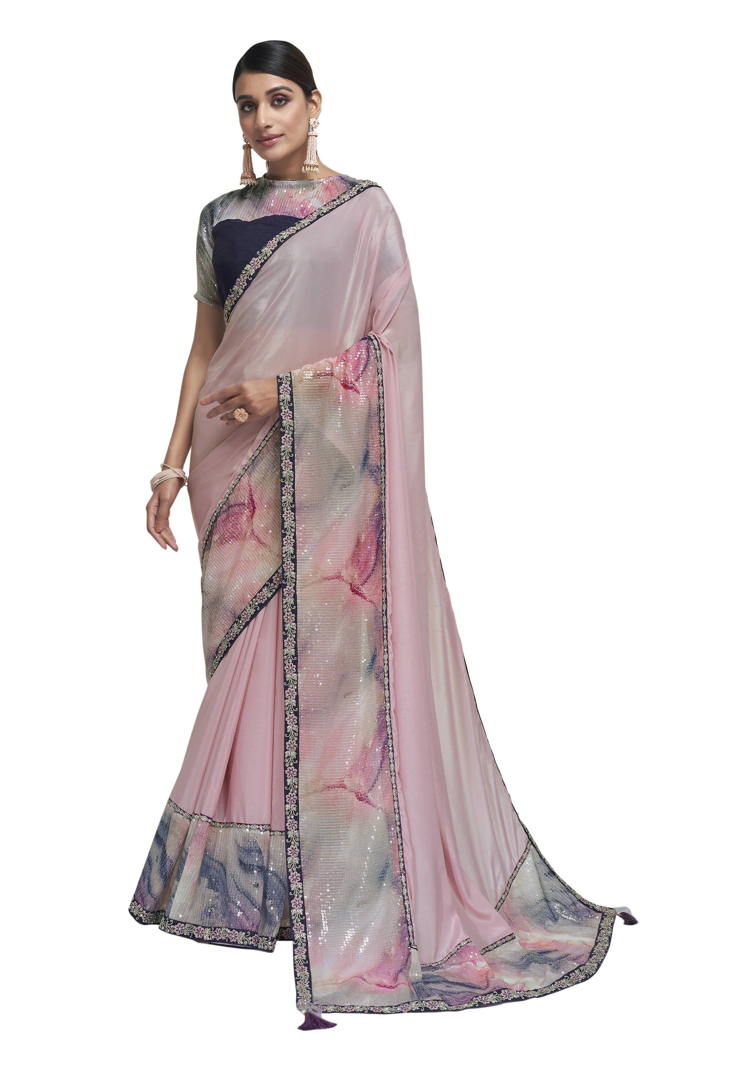Light Pink Crepe Silk Georgette Applic With Sequence Work Saree With Blouse Piece - Norita Avyaan - Distacart