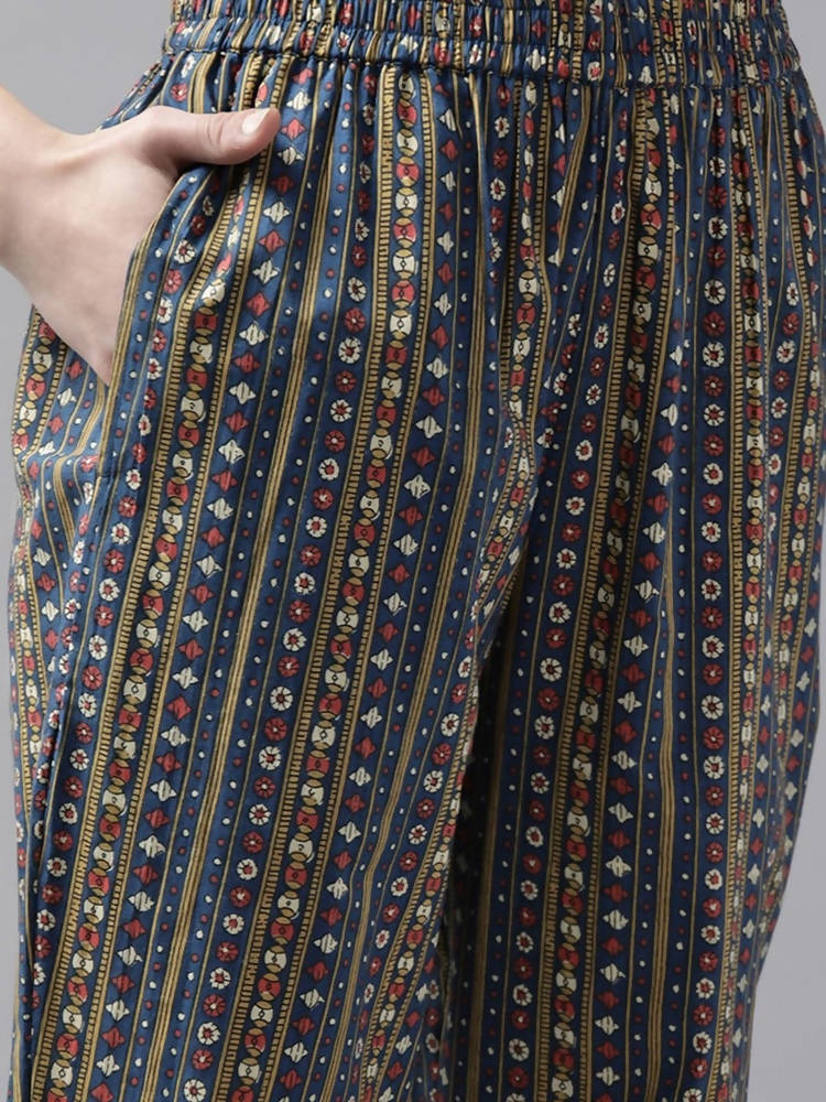 Yufta Women Blue and Red Ethnic Motifs Pure Cotton Kurta with Trouser and Dupatta