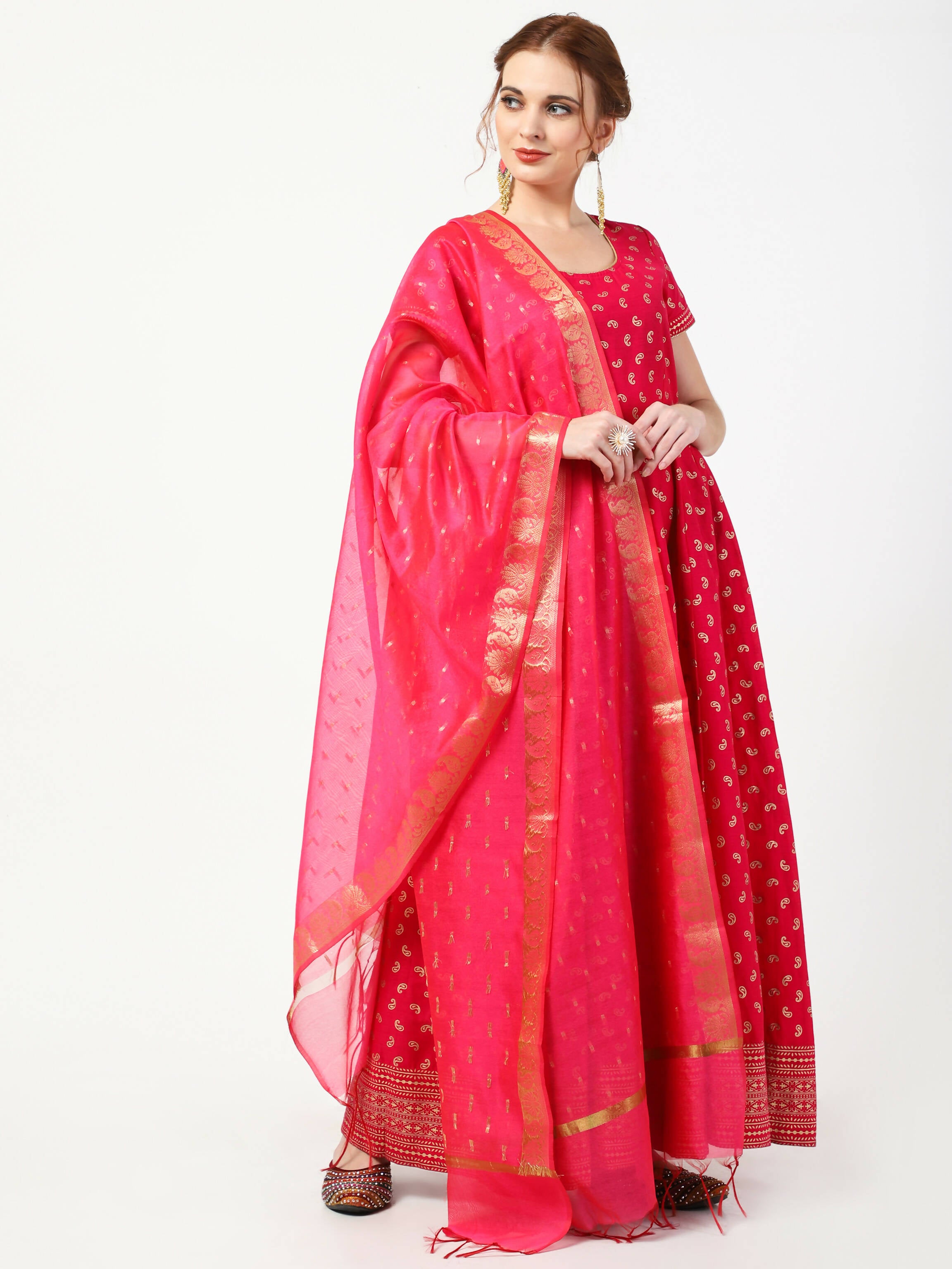Cheera Women's Deep Pink Cotton & Silk Hand Block Print Long Dress With Silk Dupatta Set - Distacart