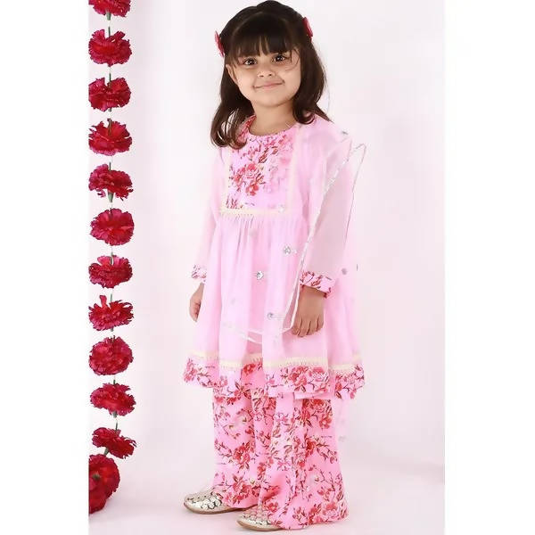 Little Bansi Pink Floral print Kurta Frock with Floral Plazzo and Dupatta