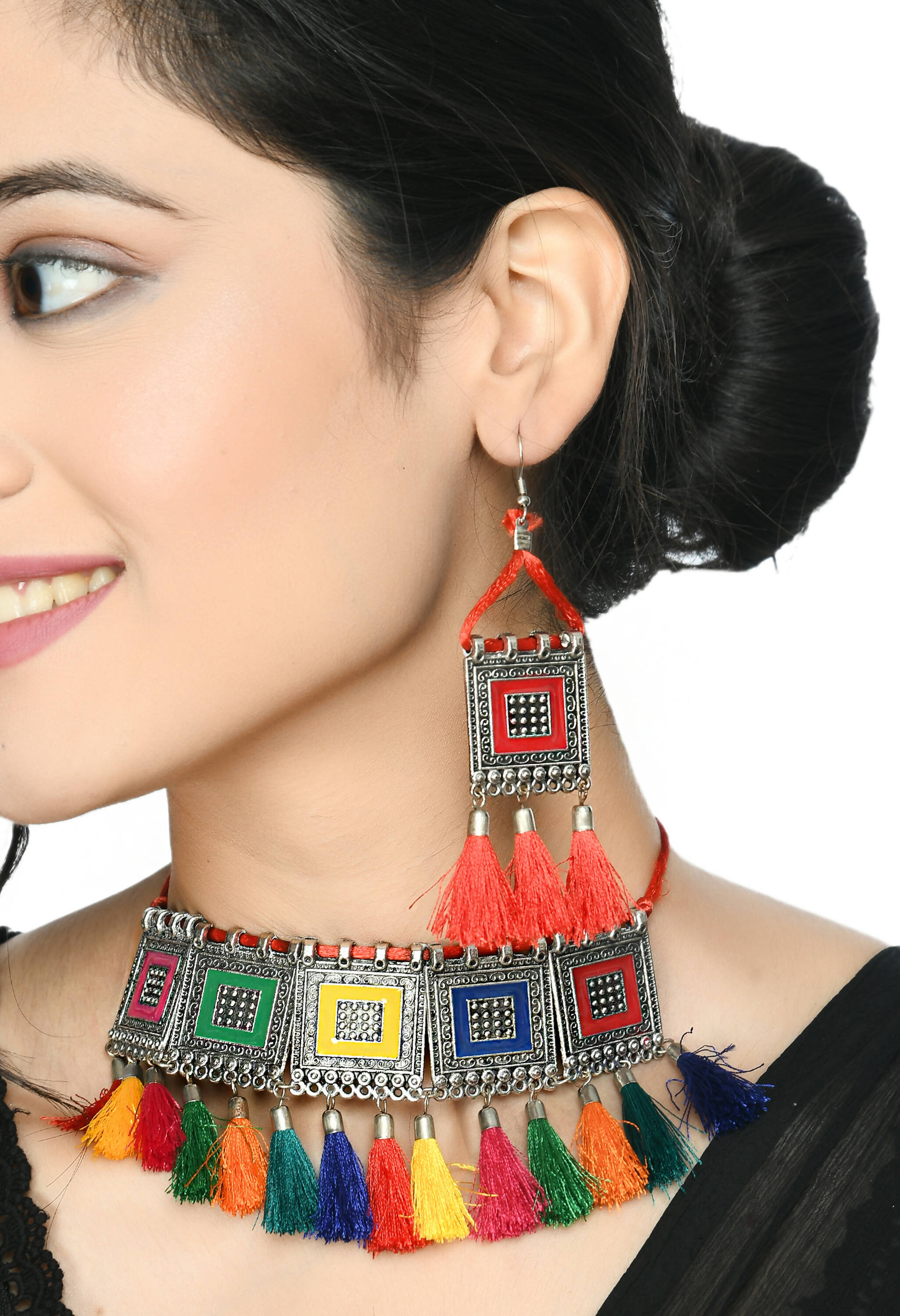 Mominos Fashion Johar Kamal Oxidised Silver-Plated Brass Finish Tassel Work Handicraft Choker For Women (Multi) - Distacart
