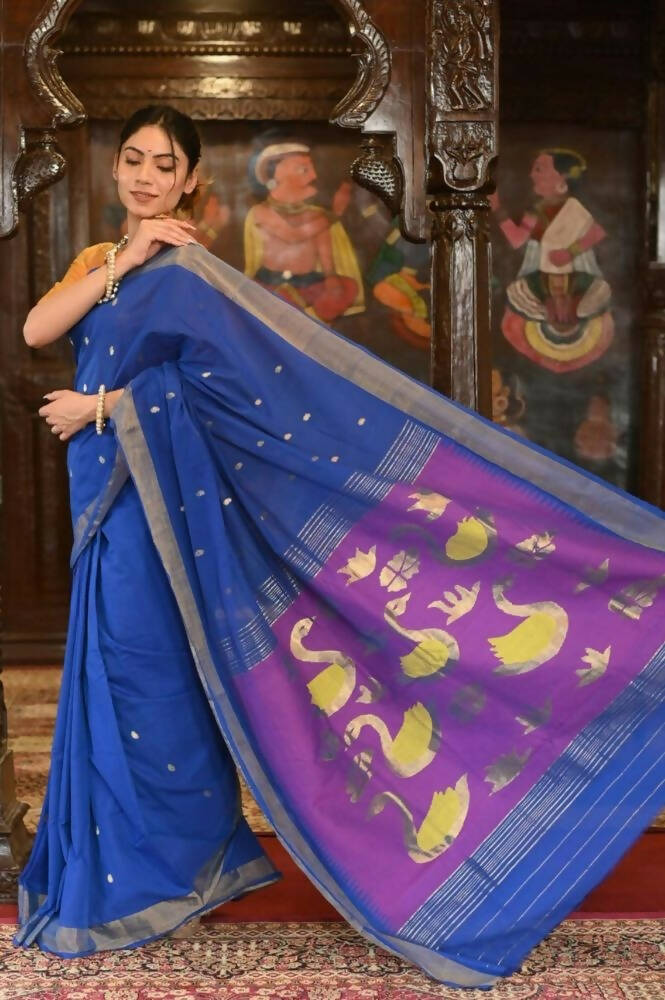 Very Much Indian Handloom Pure Cotton Paithani Swan Pallu-Marine Blue - Distacart