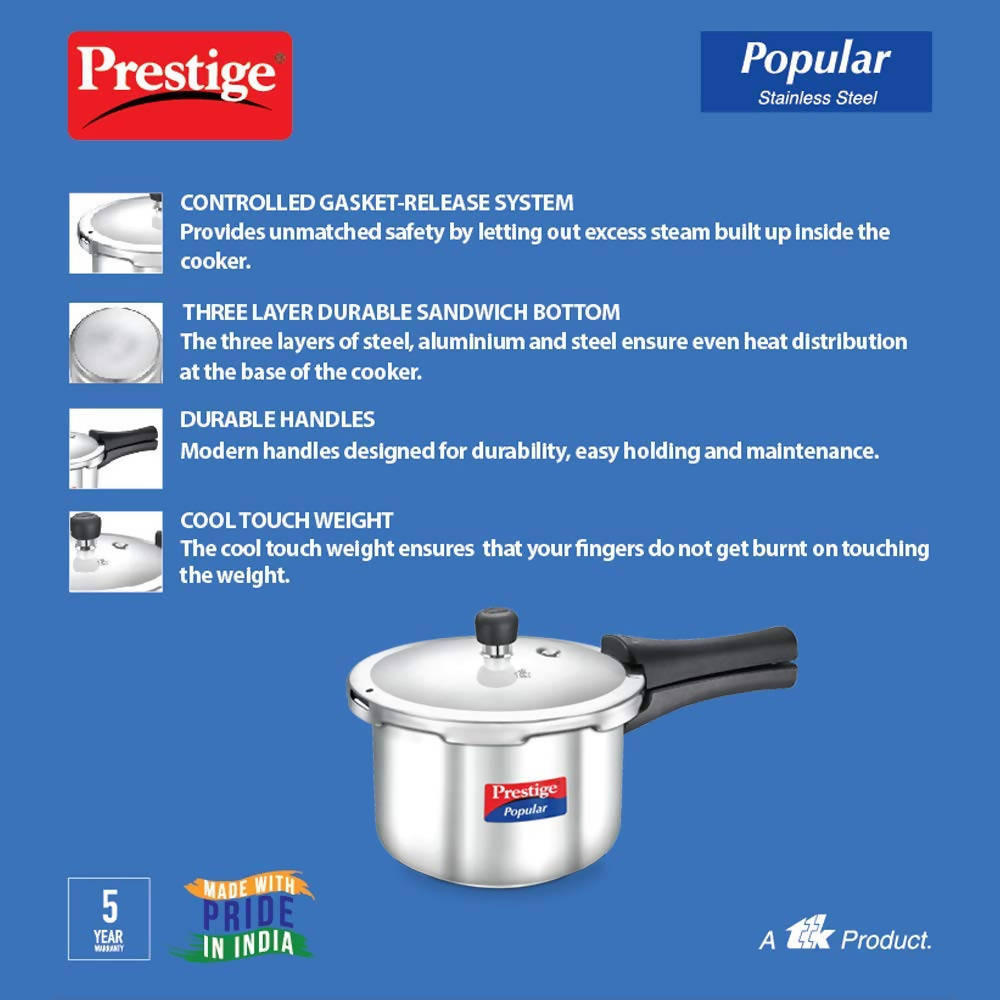 Prestige Popular Aluminum Pressure Cooker, 5 L, Silver