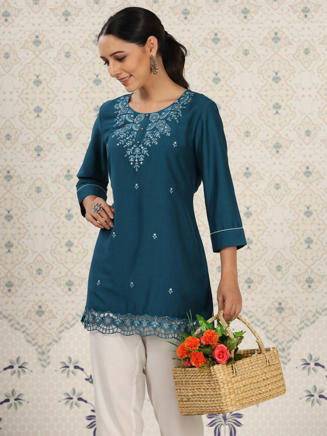 Teal Chinon Embroidered Straight Top - Zeny - Distacart