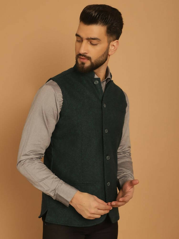 Even Apparels Pure Wool Nehru Jacket - Green - Distacart