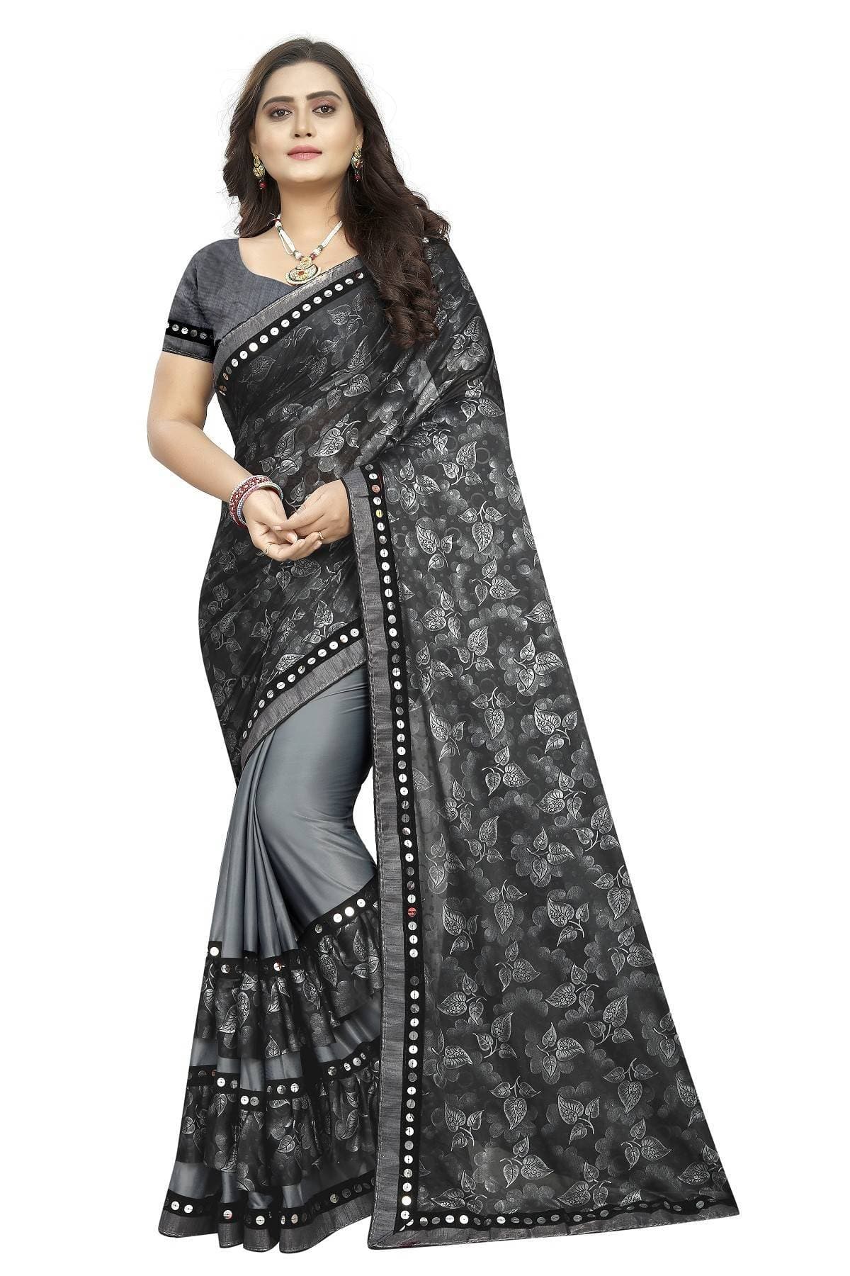 Vamika Grey Lycra Blend Printed Floral Saree