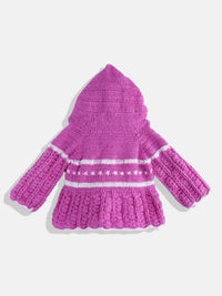 Thumbnail for Chutput Kids Woollen Hand Knitted Full Sleeves Self Design Hood Detail Dress - Purple - Distacart