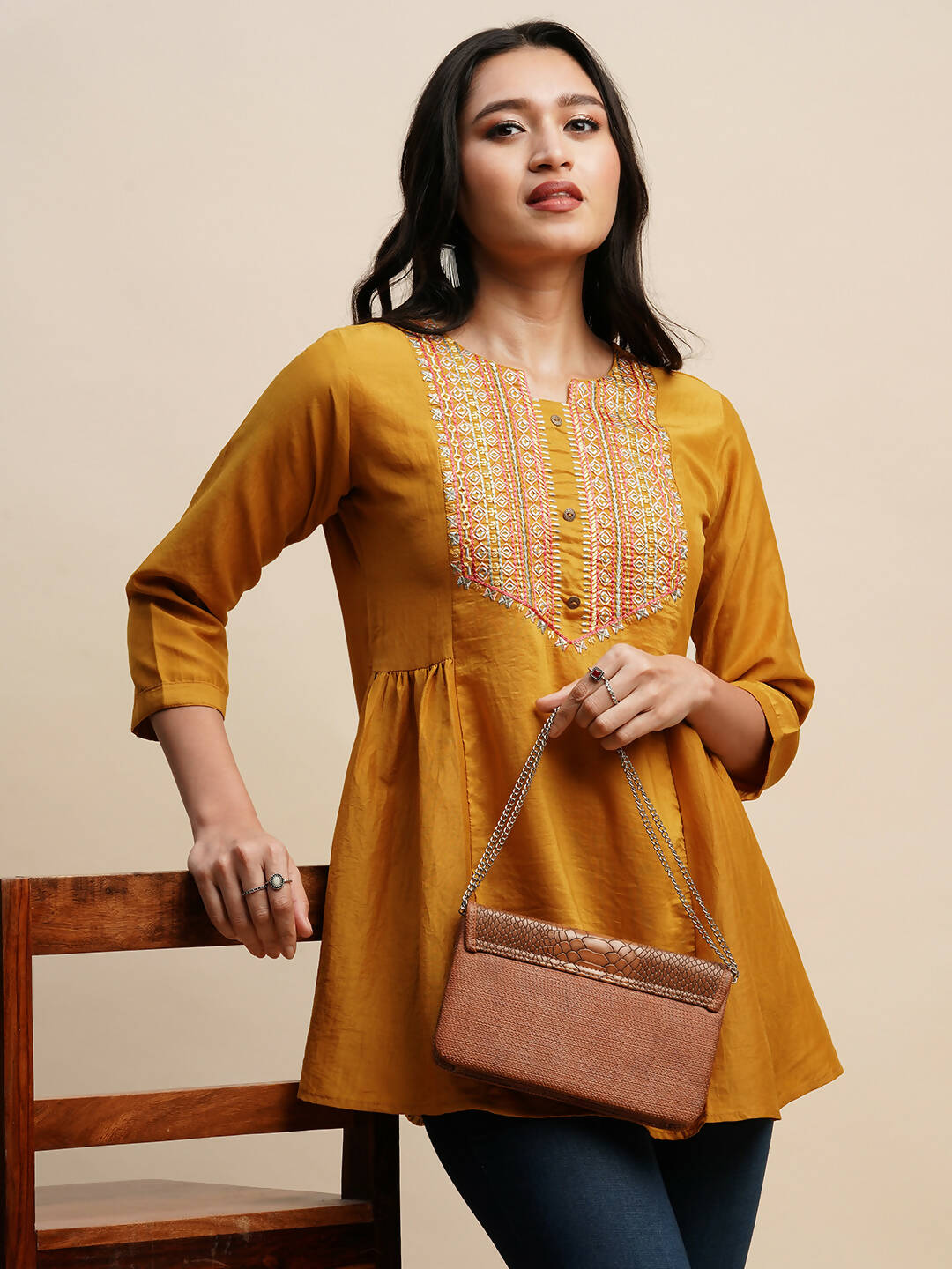 Mustard Chinon Embroidered Top - Tarini - Distacart