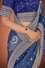 Thumbnail for Vamsee Navy Blue Organza Saree - Distacart