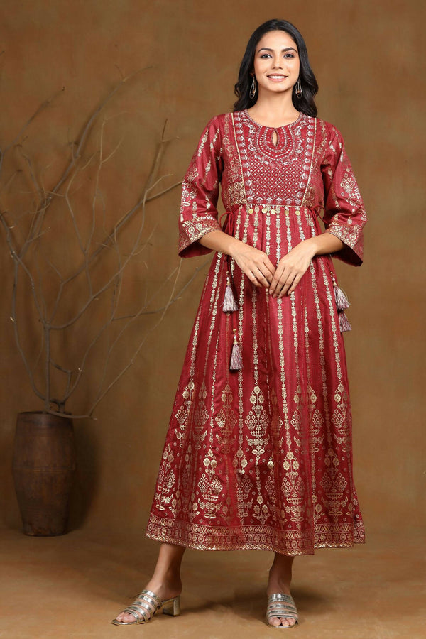 Juniper Women Maroon Shantoon Printed Anarkali Dress - Distacart