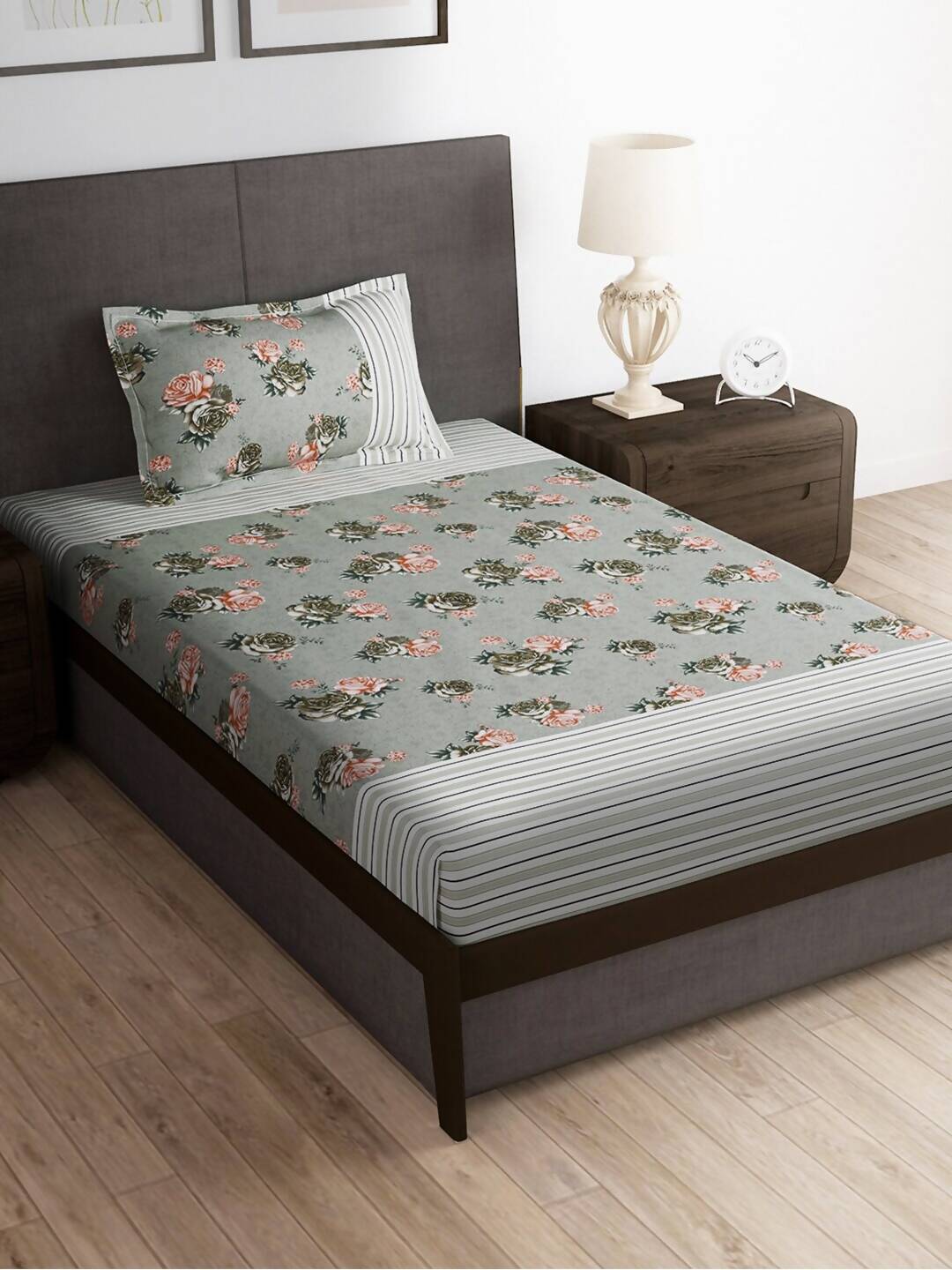 Story@home Arena Grey & Pink Floral Printed 180 TC Bedsheet & Pillow Covers - Distacart