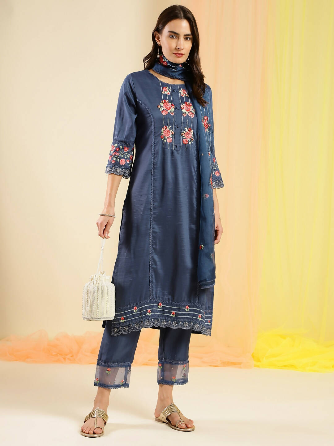 Navy Blue Chinon Embroidered Straight Kurta with Trouser & Dupatta - Salimar - Distacart