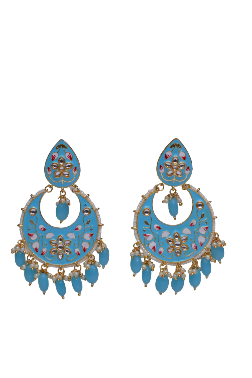 Gold Plated Brass & Pearl Dangle Women Blue Hand Painted Meenakari Chandbali Earrings By House of Ree - Distacart