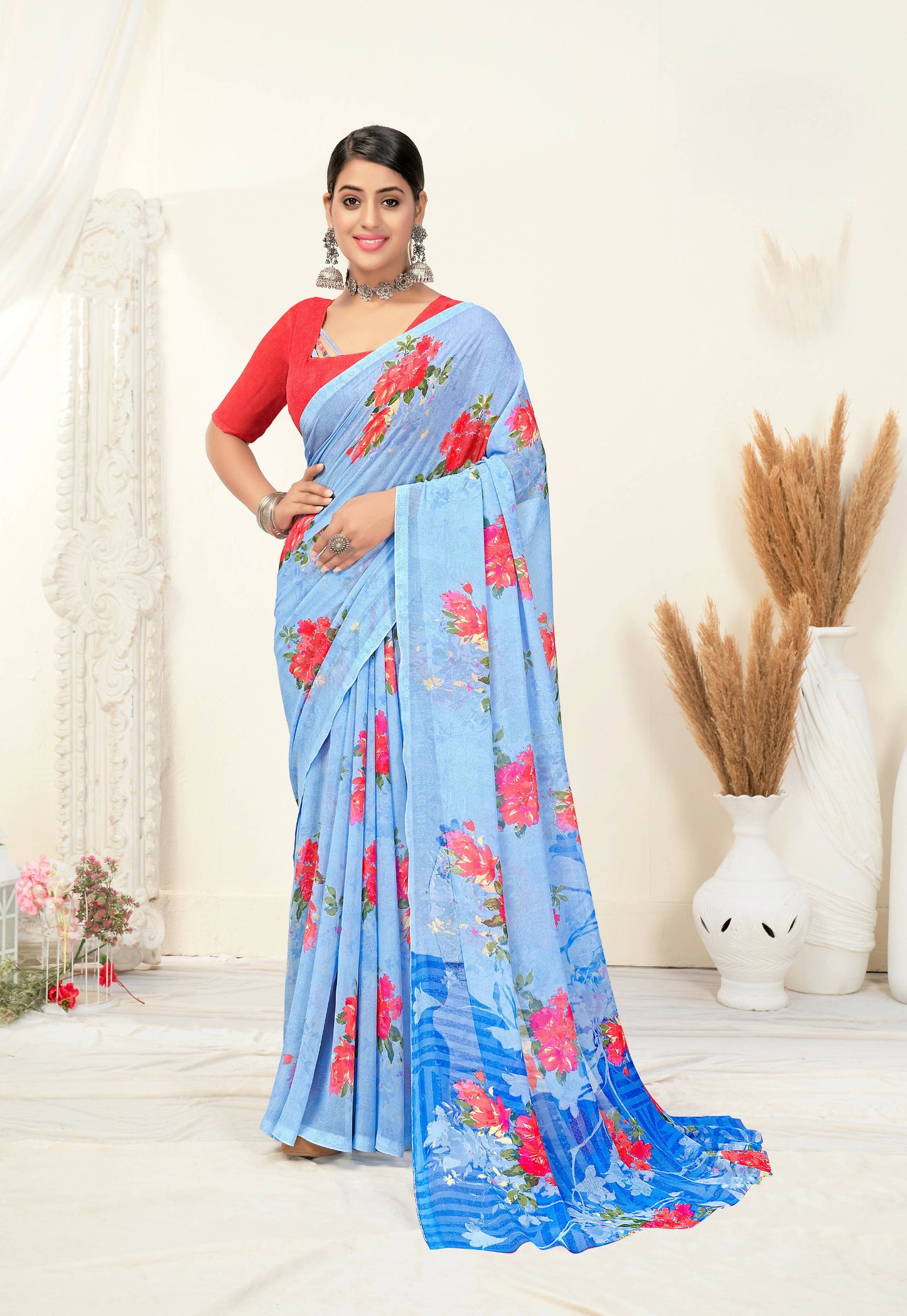 Sky Blue Georgette Floral Printed Saree With Unstitched Blouse Piece - Jyoti - Distacart