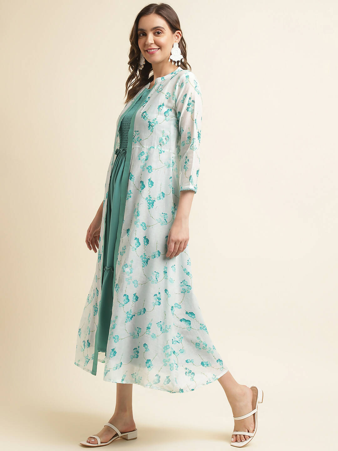 Light Blue Cotton Solid Flared Dress with Printed Shrug - Yukti - Distacart