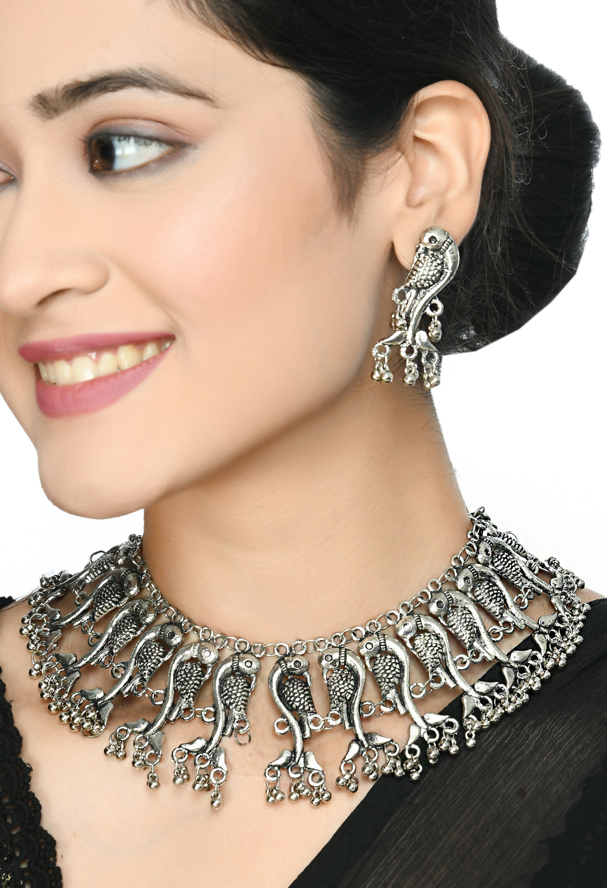 Mominos Fashion Johar Kamal Oxidised Silver-Plated Brass Finish Peacock Choker For Women (Silver) - Distacart