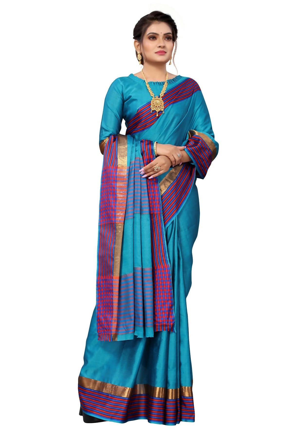 Vamika Ethnic Fire Rama Green Cotton Silk Saree - Distacart