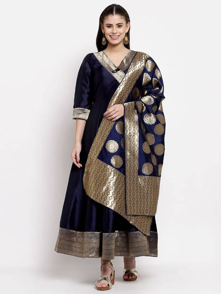 Myshka Women's Multi Silk Solid 3/4 Sleeve V Neck Casual Anarkali Gown