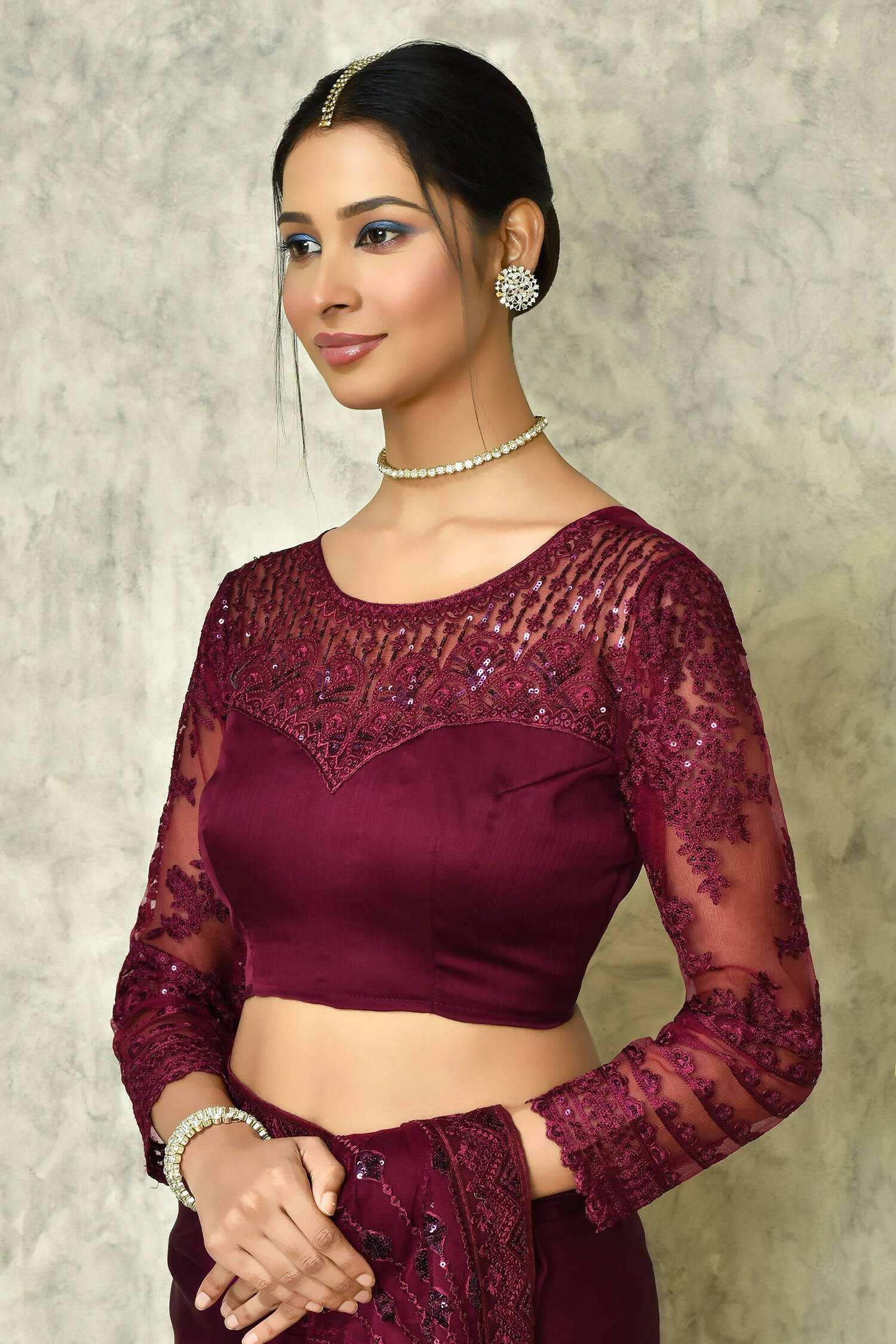 Wine Silk Solid Designer Saree with Blouse - Purvi - Distacart