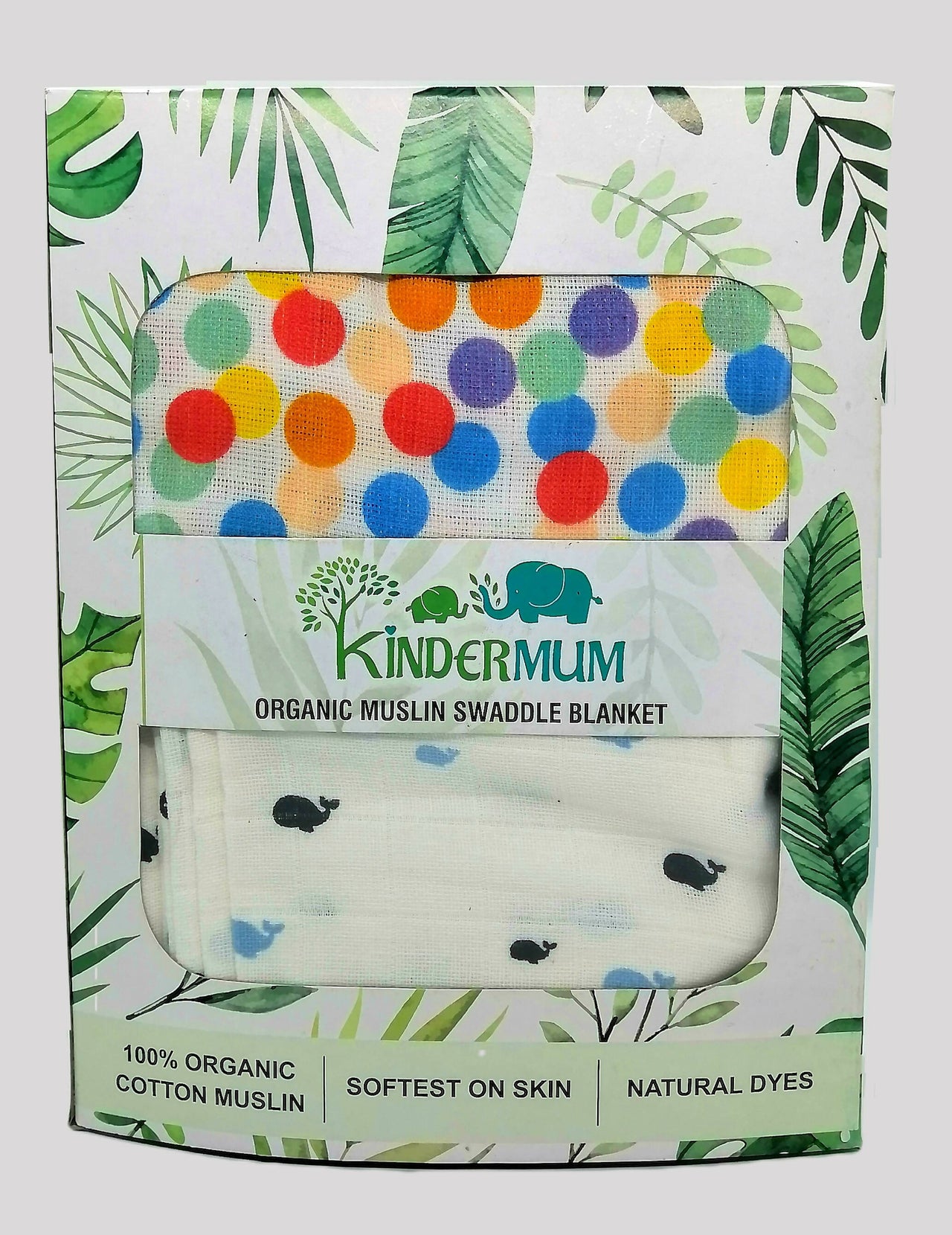 Kindermum Organic Cotton Muslin Swaddle Blanket 110 Cm X 110 Cm - Set Of 2 - Colorful Polka And Whale - Distacart