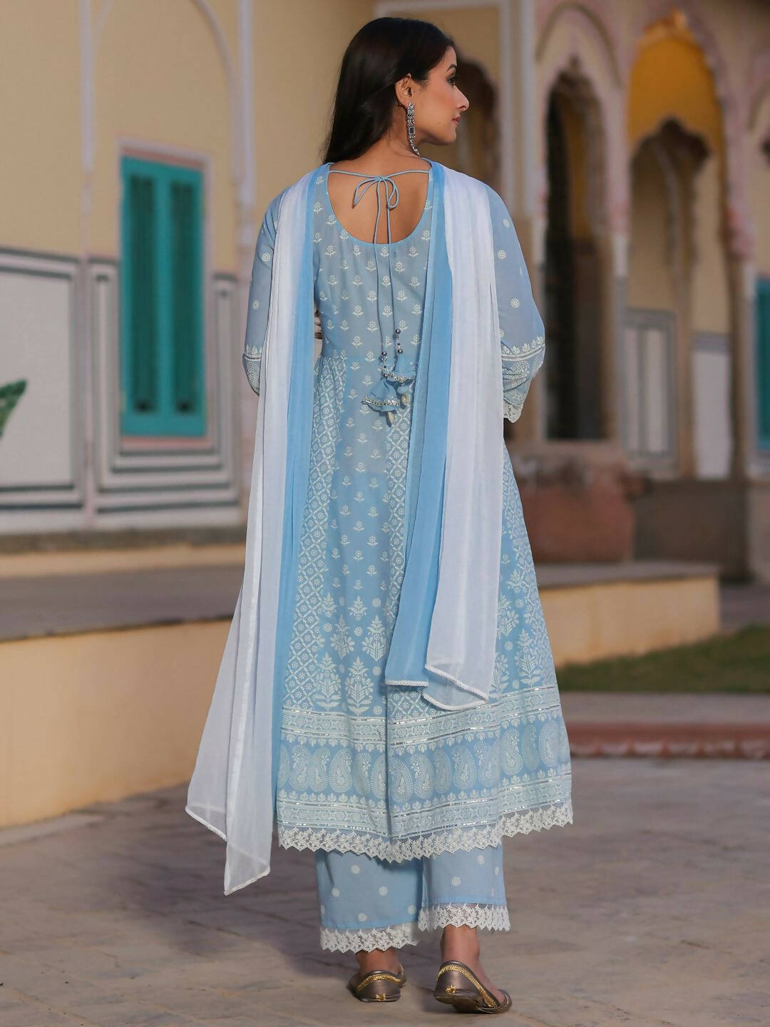 Juniper Women's Powerblue Cambric Floral Printed Anarkali Kurta Sets - Distacart