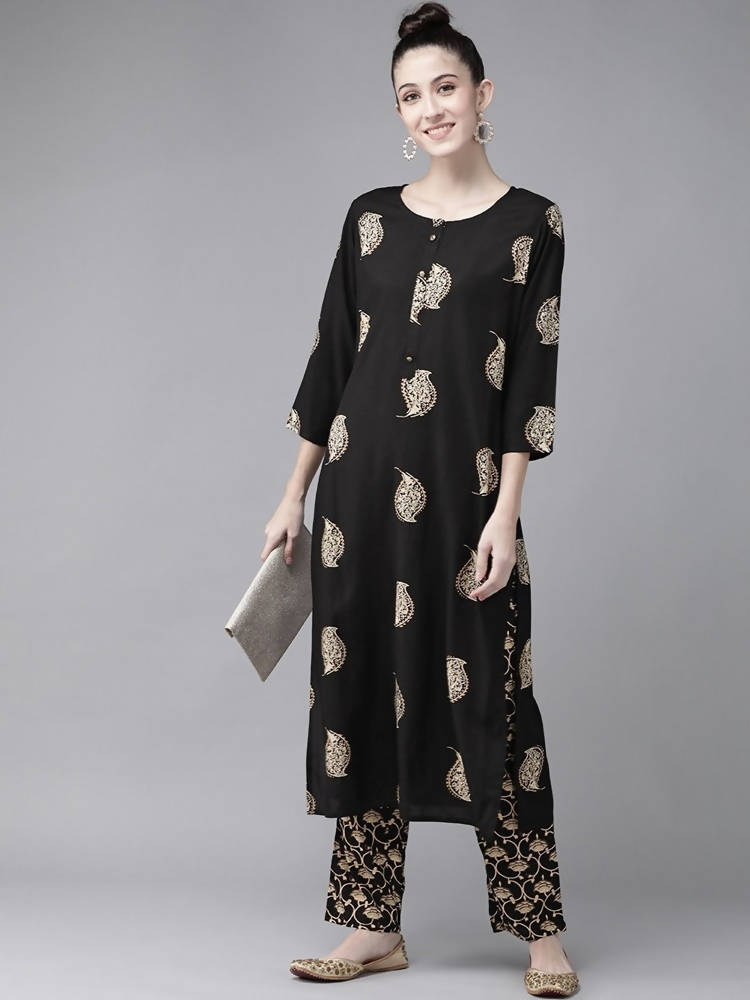 Yufta Women Black & Cream-Coloured Screen Printed Kurta with Trouser