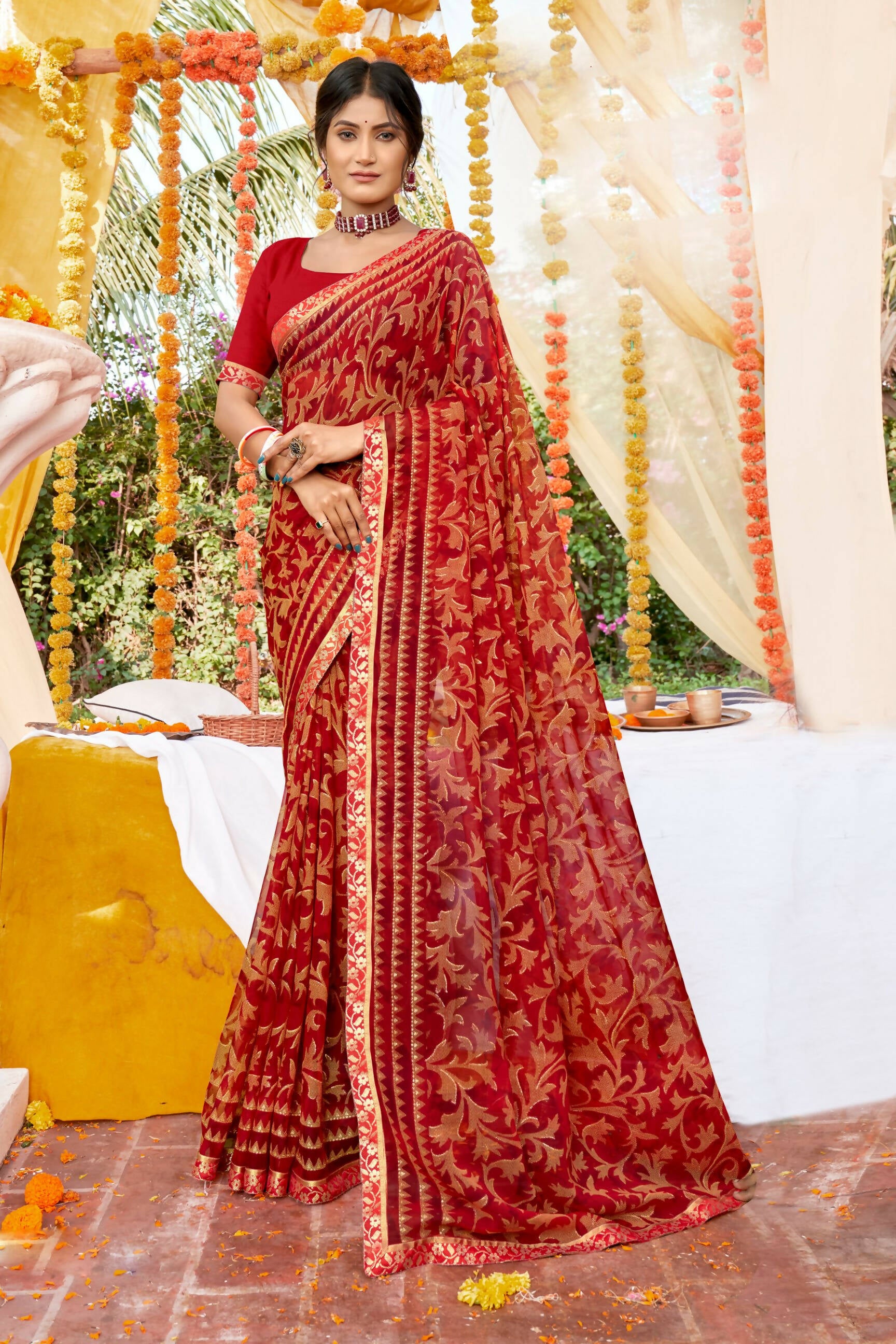 Red Georgette Foil Printed Saree with Unstitched Blouse piece - Avika - Distacart