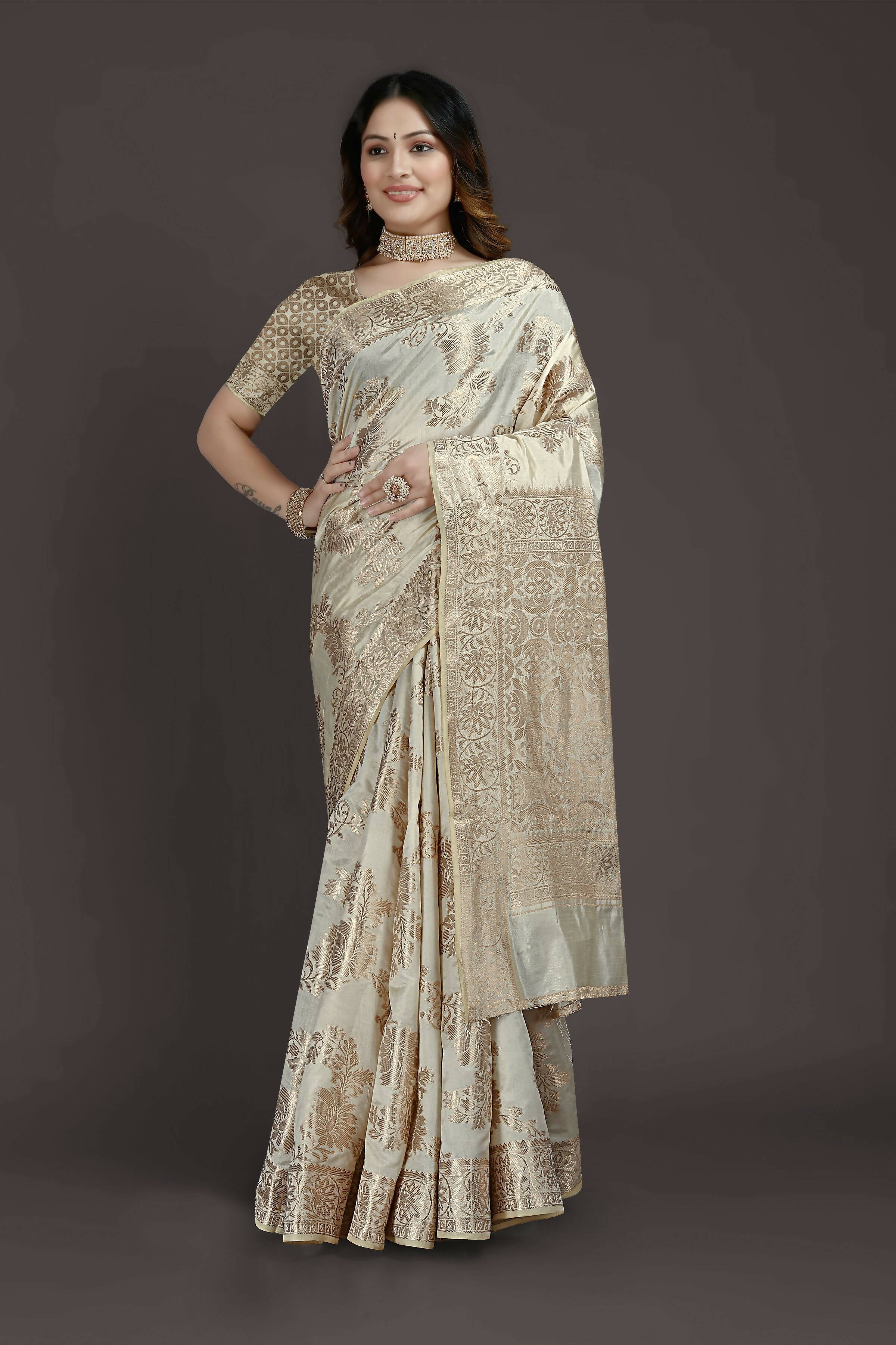 Off White Pure Raw Silk Zari Woven Saree with Unstitched Blouse Piece - Alisha - Distacart