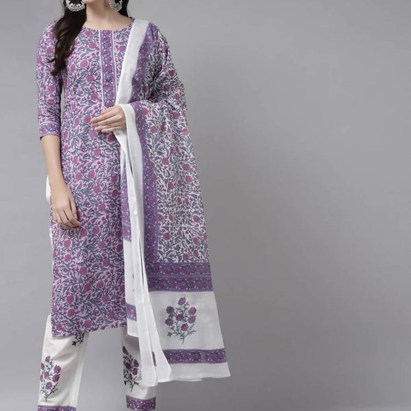 Yufta Women Lavender & White Ethnic Motifs Printed Kurta with Trouser & Dupatta