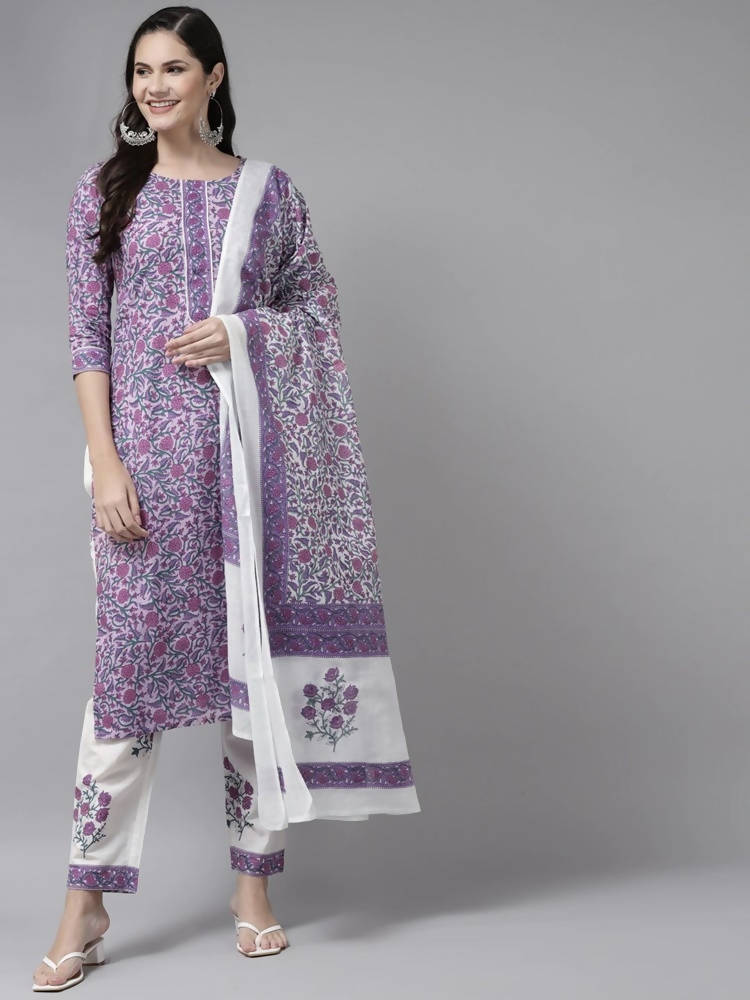 Yufta Women Lavender & White Ethnic Motifs Printed Kurta with Trouser & Dupatta