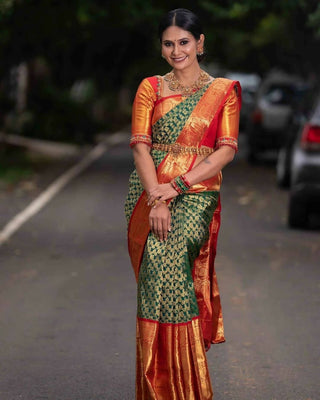 DEIANA'S Beautiful Golden Jari with New Design Soft Lichi Silk Saree - Green - Distacart