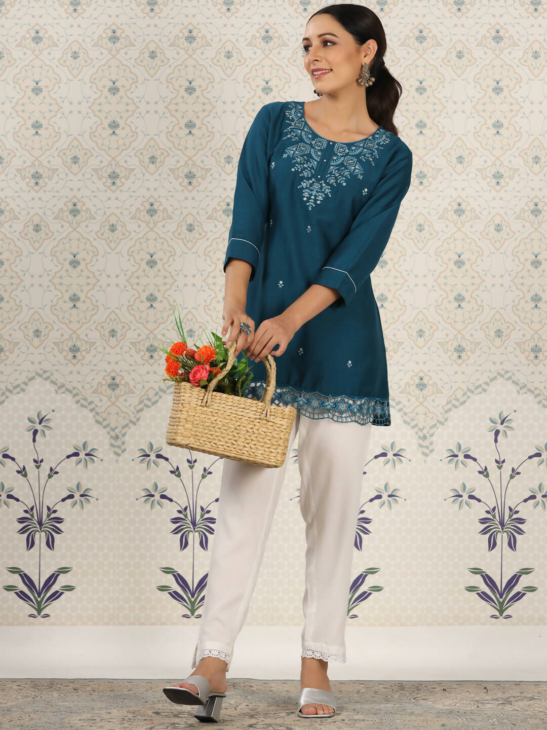 Teal Chinon Embroidered Straight Top - Zeny - Distacart