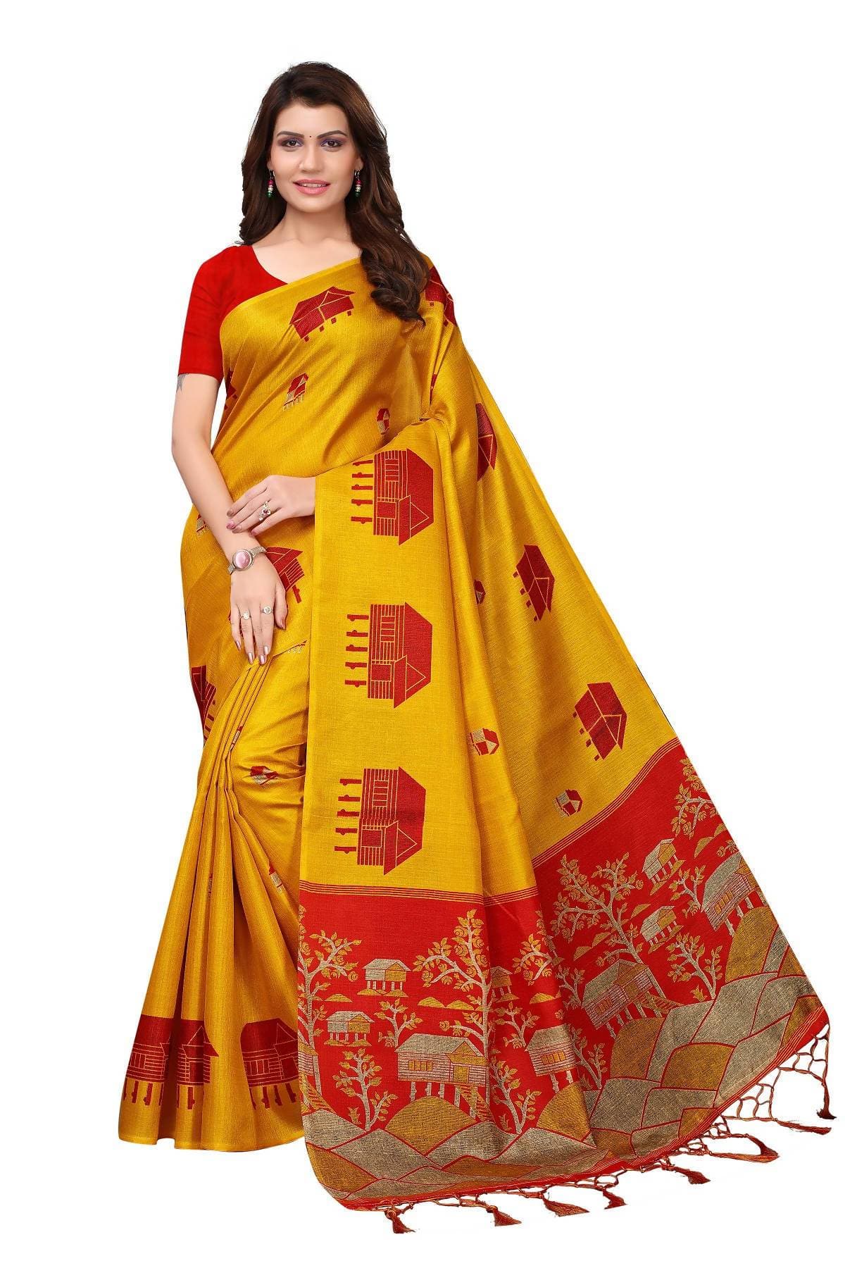 Vamika Latest Fashion Yellow & Red Kalamkari With Jhalar Khadi Silk Saree