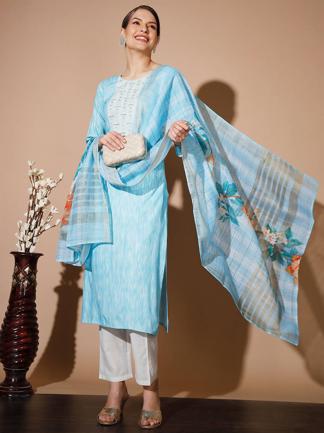 Myshka Women Blue Printed Kurta & Trousers With Dupatta - Distacart