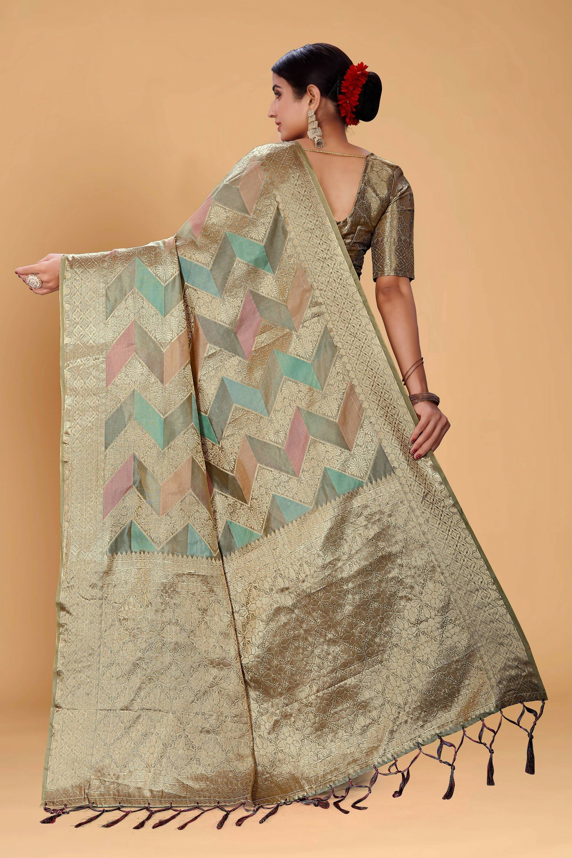 Grey Soft Organza Woven Design Saree With Unstitched Blouse Piece - Zaara - Distacart