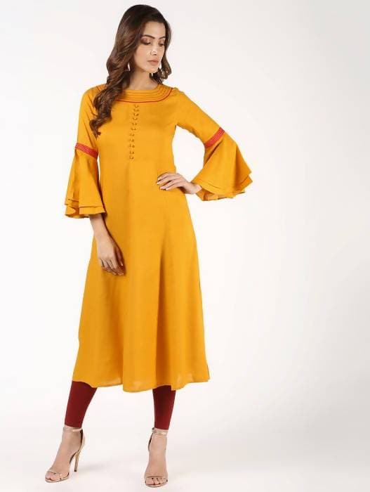 Aniyah Latest Rayon Bell Sleeves Solid Anarkali Kurta In Mustard (AN-152K)