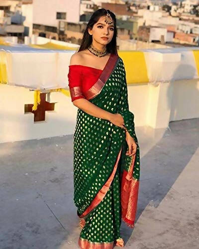 DEIANA'S Beautiful Golden Jari with New Design Soft Lichi Silk Saree - Green - Distacart