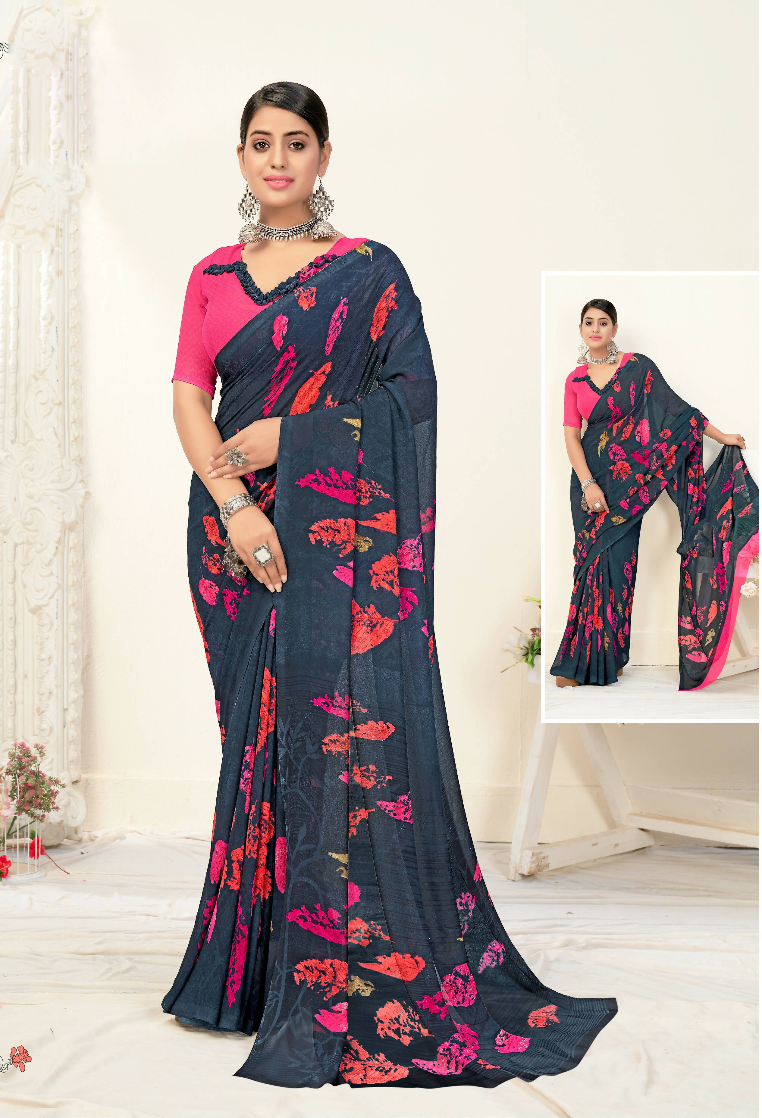 Grey Georgette Texture Printed Saree With Unstitched Blouse Piece - Jyoti - Distacart