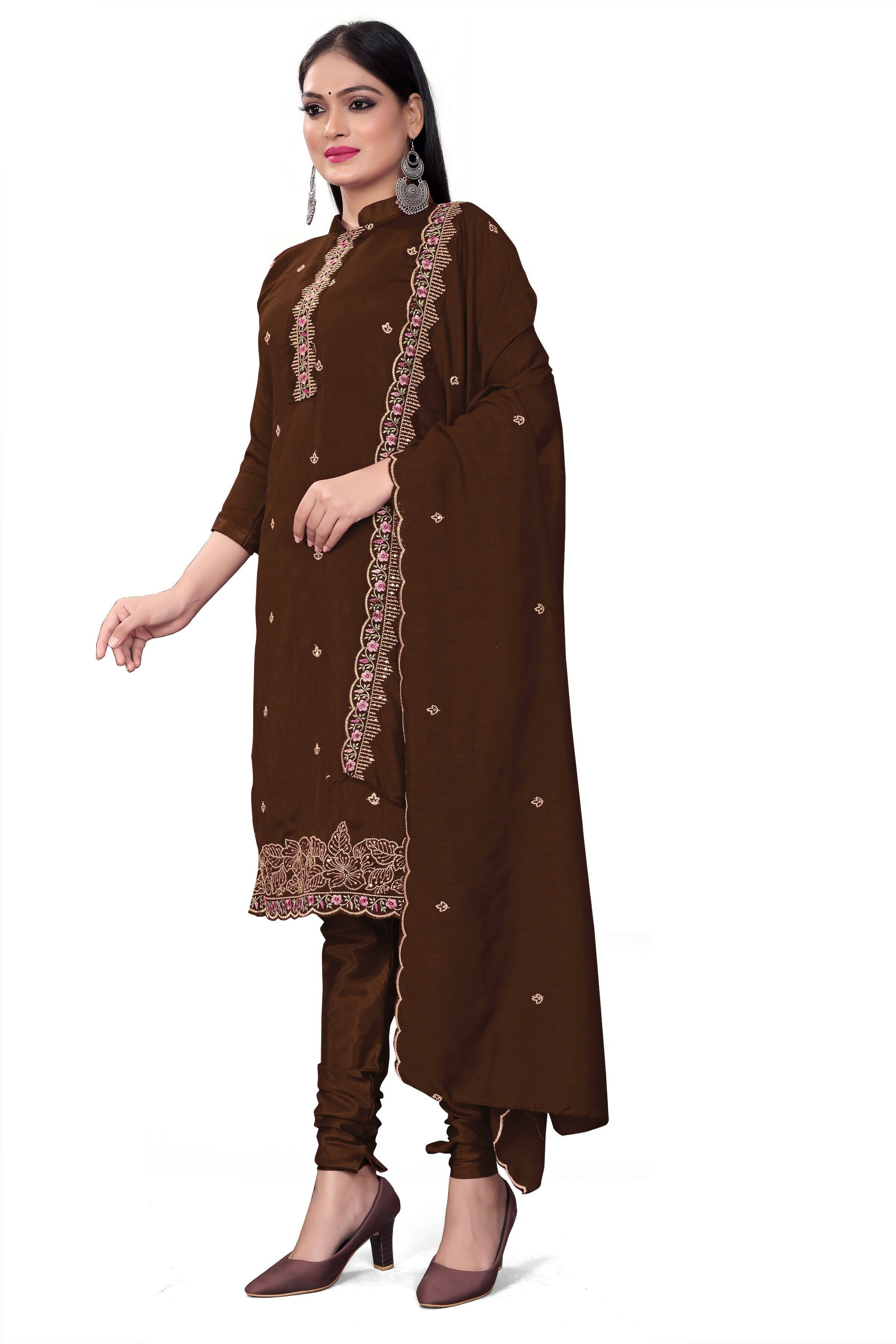 Brown Silk Embroidered with Sequins work Unstitched Dress Material - Tanvi - Distacart